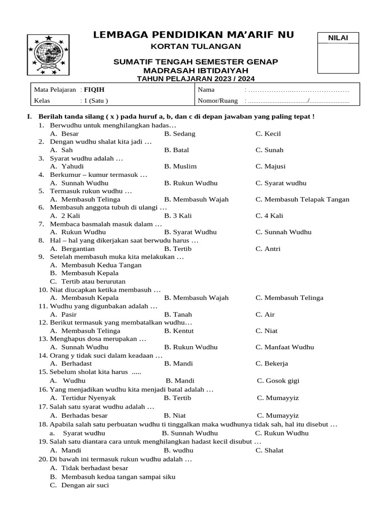 Soal Fiqih Wudhu Kelas 1 MI 2023 PDF