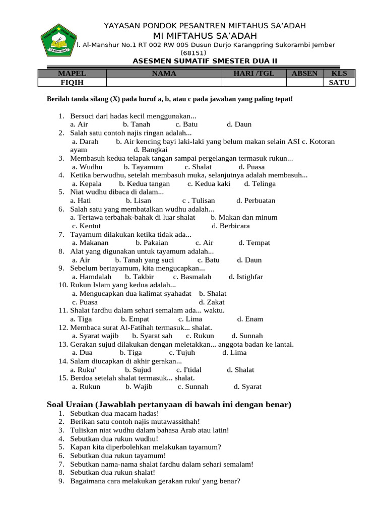 7 Rahasia Cepat Memahami Soal Fiqih Kelas 1 Madrasah Diniyah Agar Anak Cepat Pintar