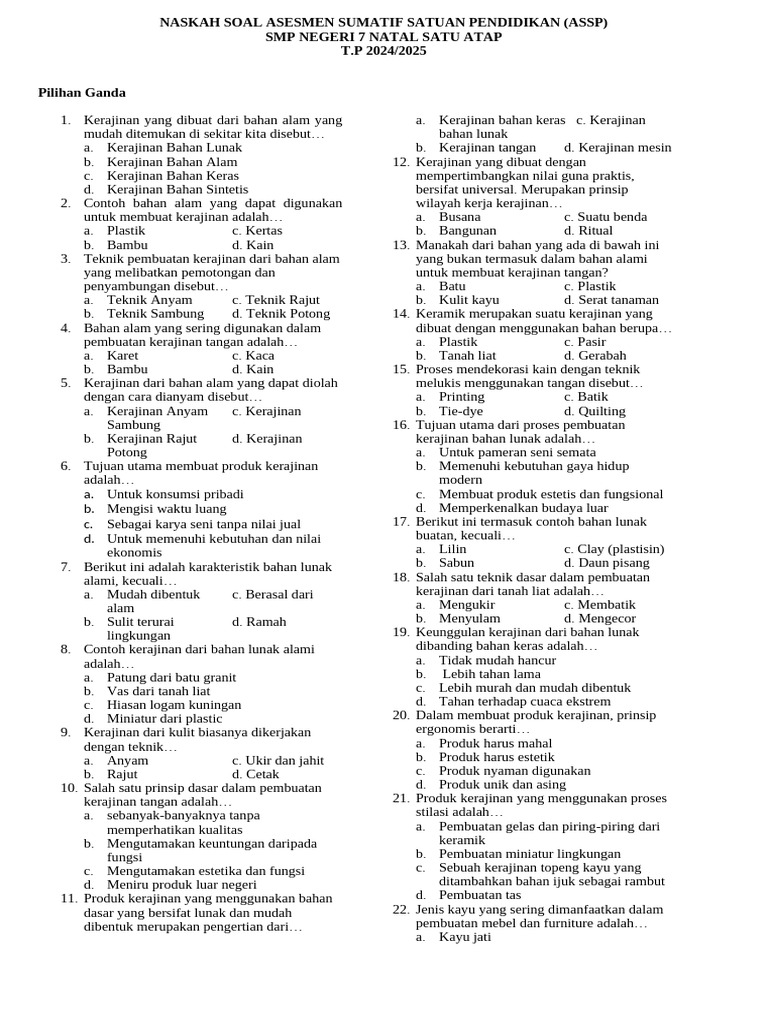 Soal Kerajinan Bahan Lunak dan Keras PDF