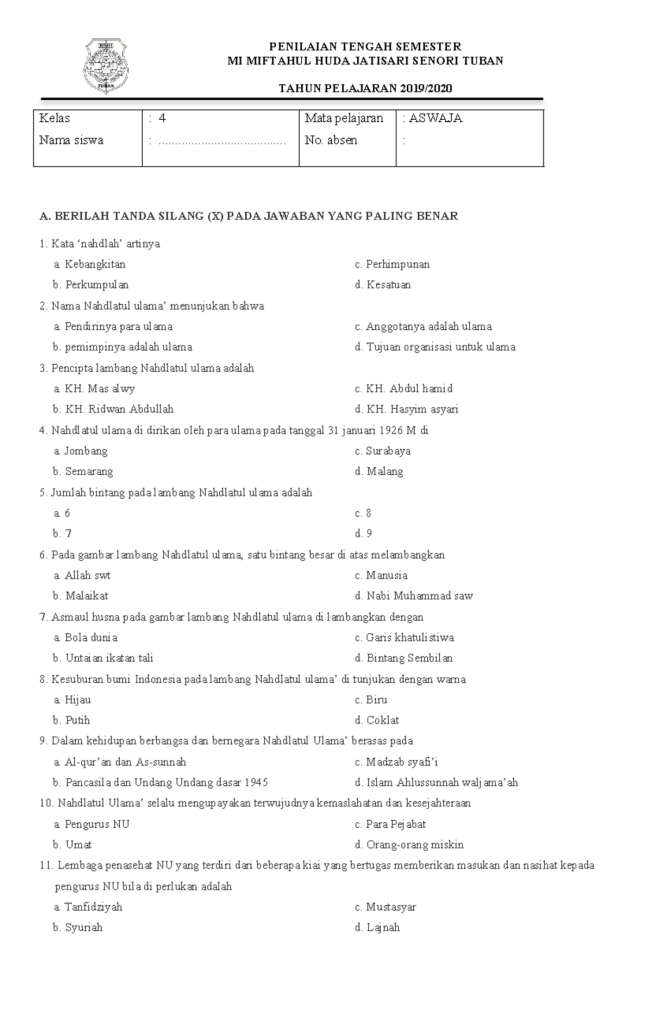 Bocoran soal aswaja kelas 4 mi semester 1 dan kunci jawaban terbaru yang wajib dipelajari