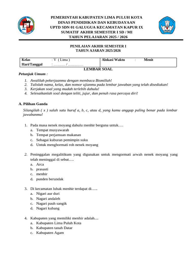 Soal Ujian Akhir Semester SD 2025 2026 PDF