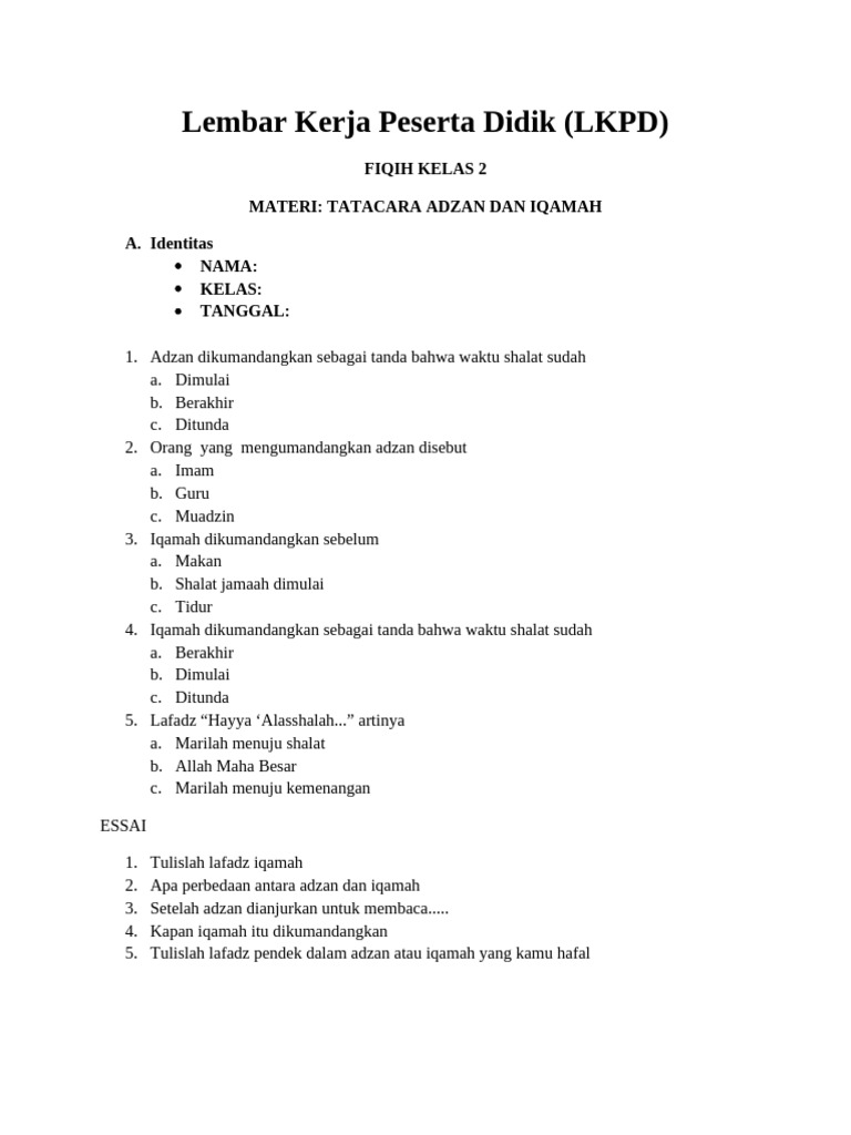 LKPD Fiqih Adzan dan Iqamah Kelas 2 PDF