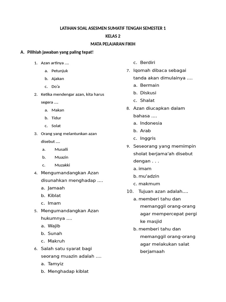 soal fiqih kelas 2 semester 1 bab adzan dan iqomah