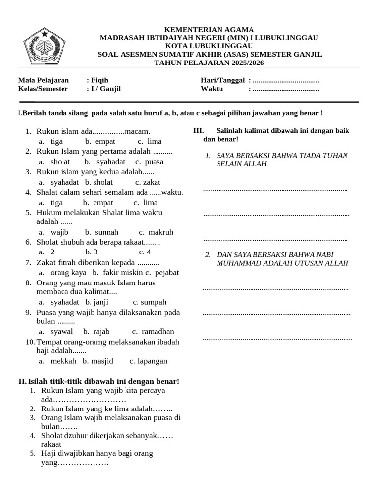 Soal Fiqih Kelas I Semester Ganjil PDF