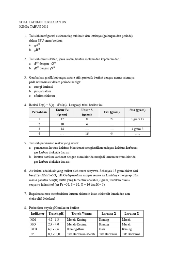 Soal Latihan Kimia US 2016 PDF