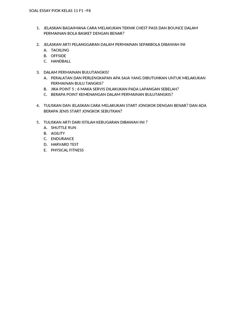 5 Soal Essay PJOK Kelas 11 Semester 1 yang Wajib Dikuasai untuk Ujian 2026, Terbukti Sering Keluar