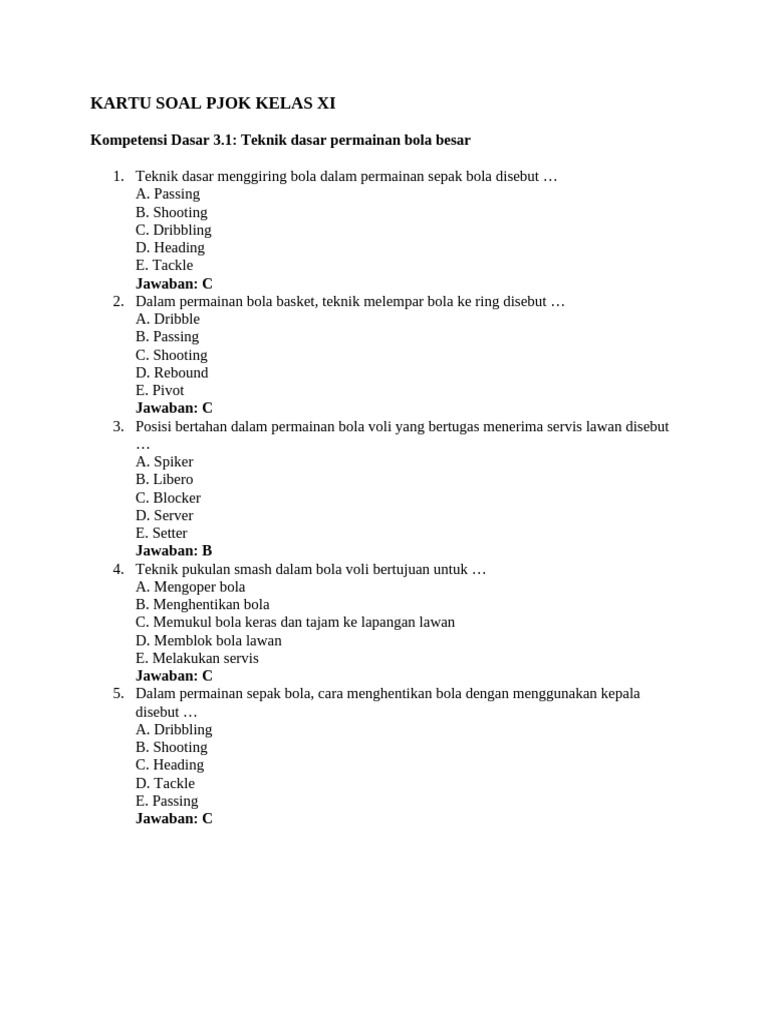 Soal PJOK Kelas XI Semester 1 PDF