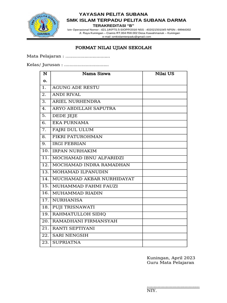 Format Nilai Ujian Sekolah SMK Pelita PDF