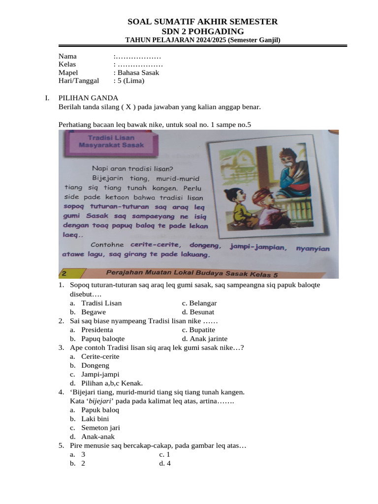 Soal Akhir Semester Bahasa Sasak SD 2024 PDF