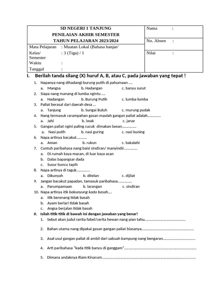 Penilaian Bahasa Banjar Kelas 1 SD PDF