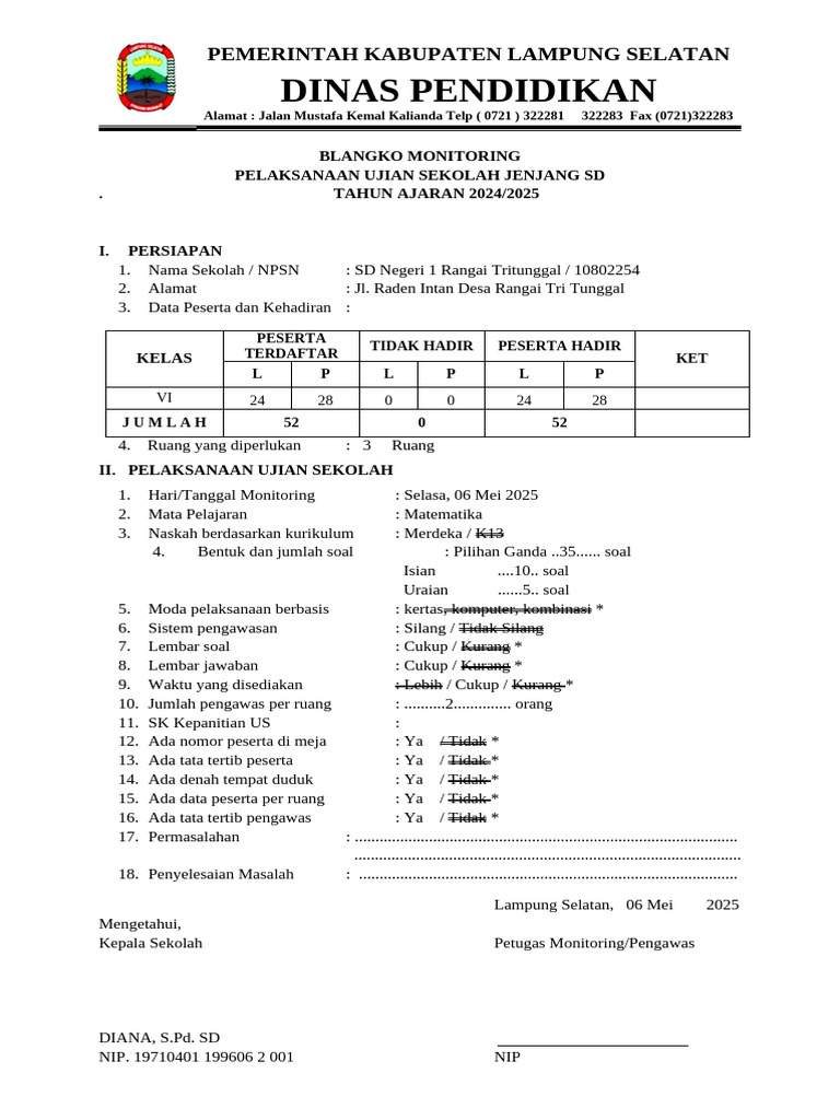 Monitoring Ujian Sekolah SD 2024 2025 PDF