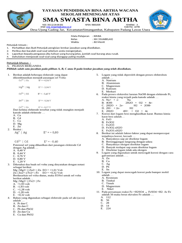 Soal Ujian Kimia Kelas XII SMA Bina Artha PDF
