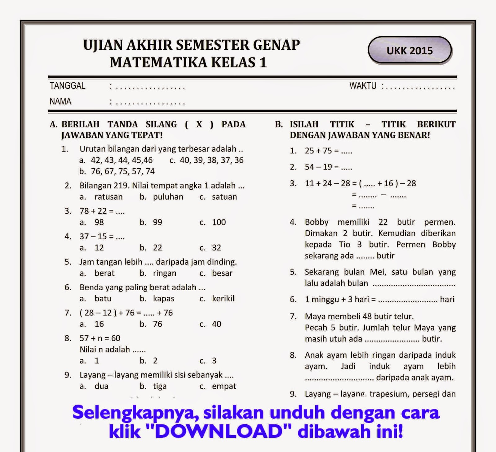 Menjelajahi Dunia Belajar Contoh Soal Ujian Kelas 1 SD Semester 2