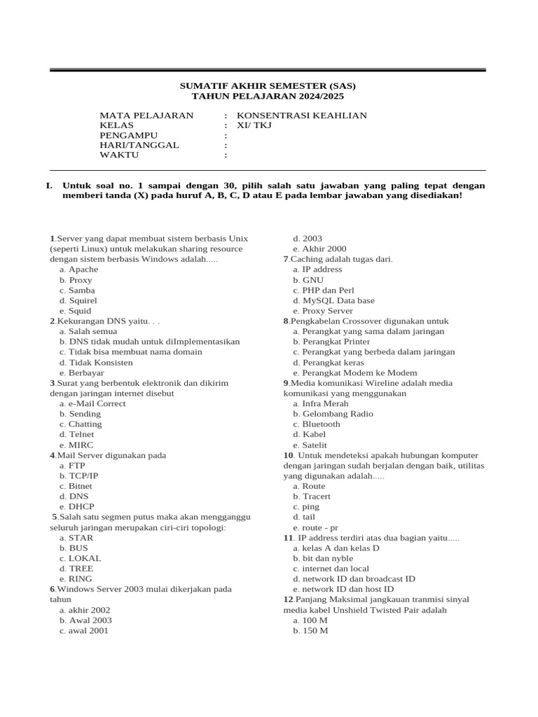 Soal Ujian Akhir TKJ Kelas XI 2024 2025 PDF Soal Ujian Akhir TKJ Kelas XI 2024 2025 PDF