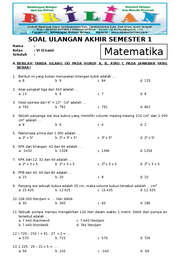 Soal Matematika Kelas 2 Sd Semester 1 Kurikulum 2013 Dalchaebi