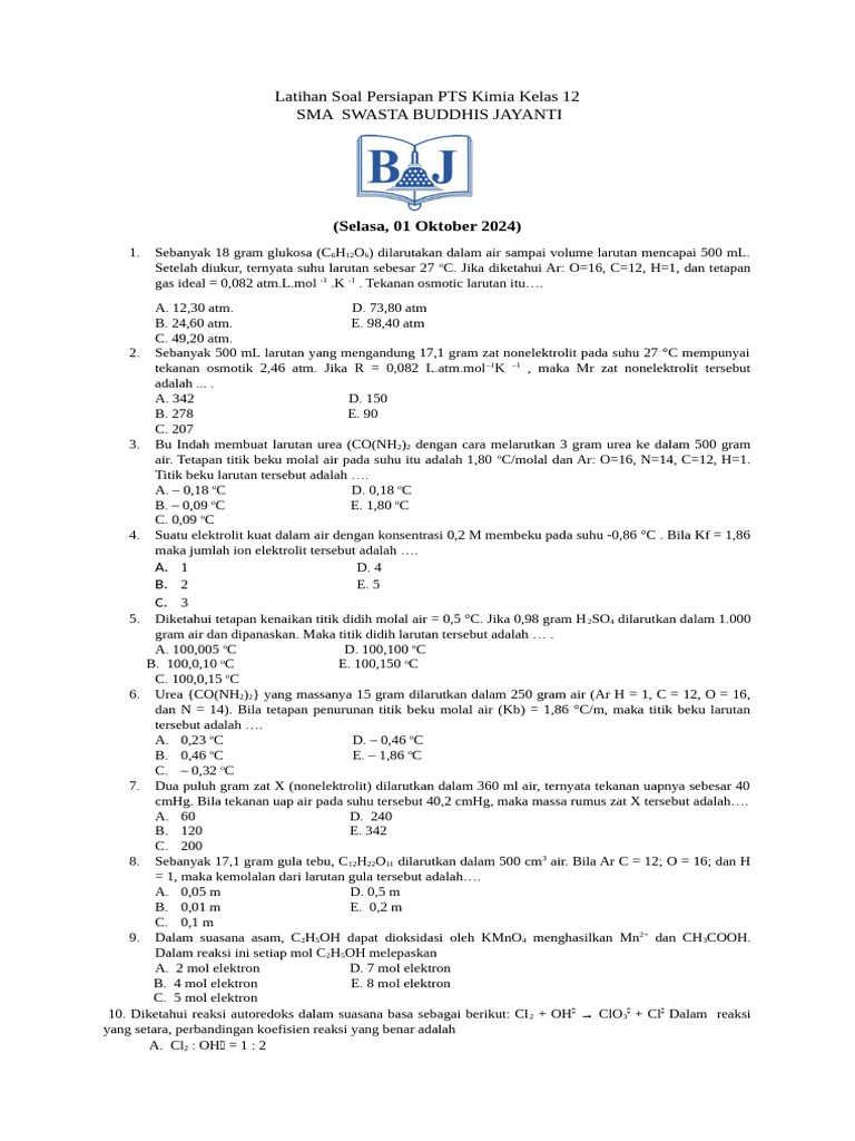 Latihan Soal PTS Kimia Kelas 12 PDF