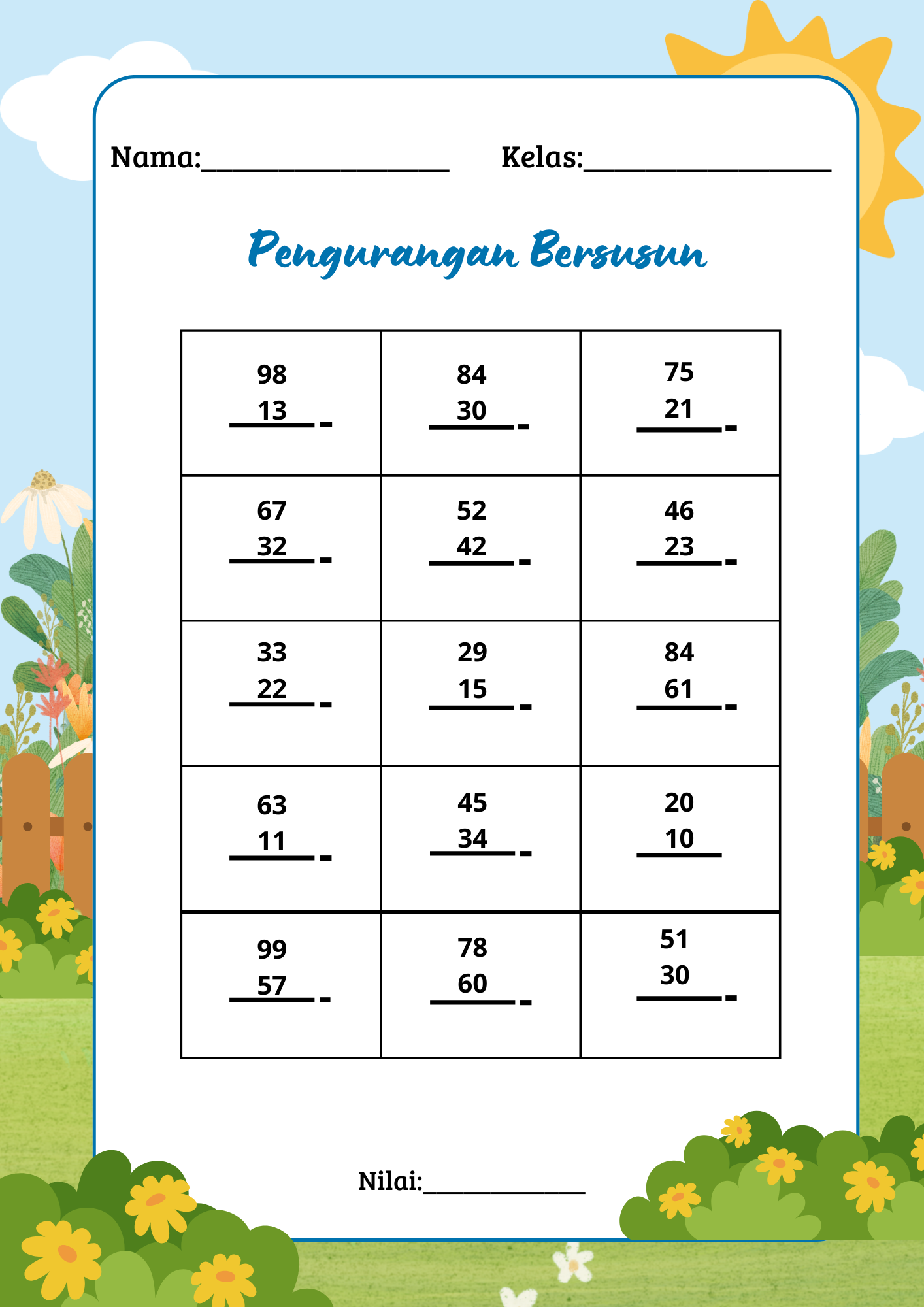 Pengurangan Pengurangan bersusun kelas 2 Latihan matematika kelas 1