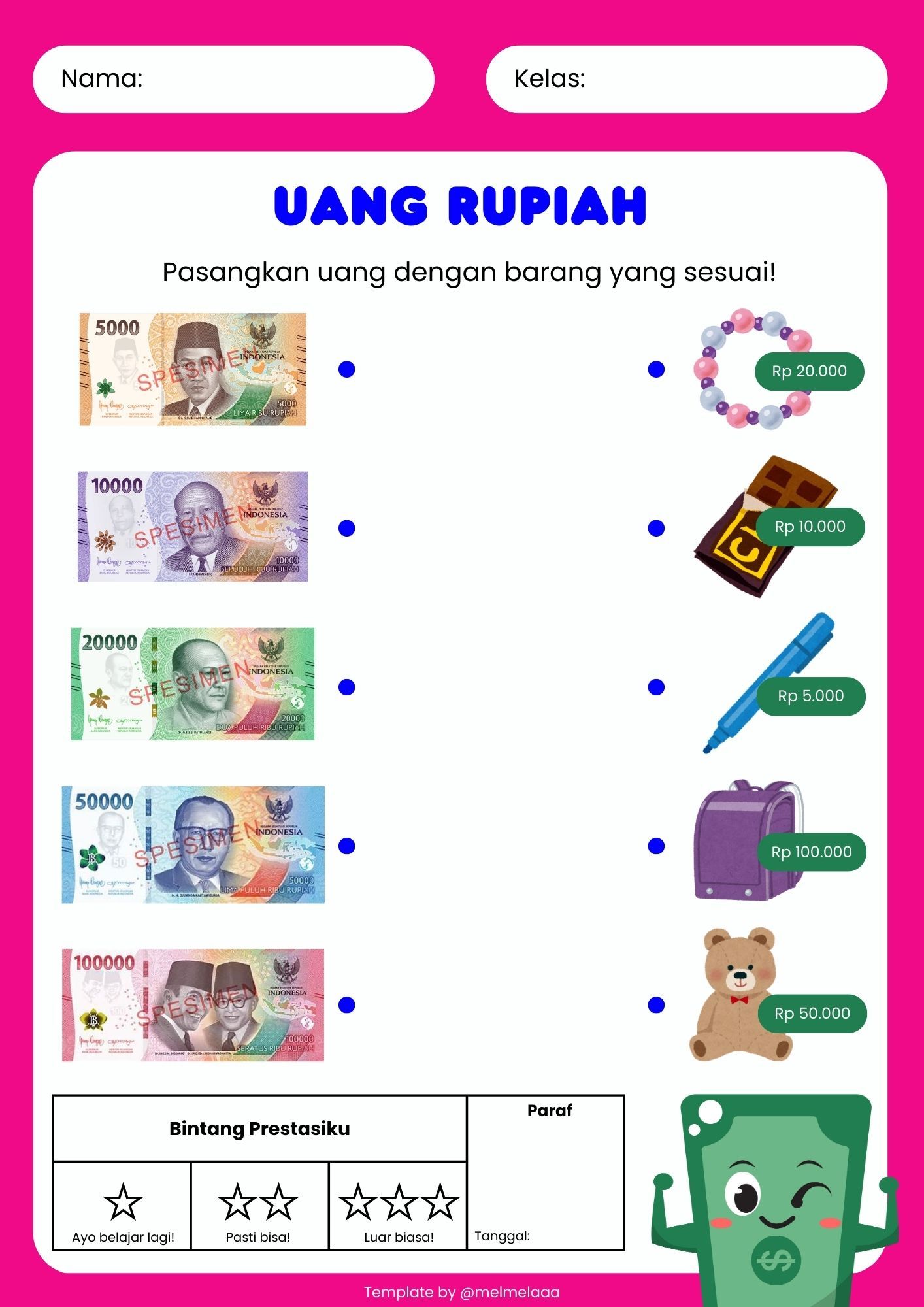 Uang Rupiah Matematika kelas satu Hadiah guru Lembar kerja matematika