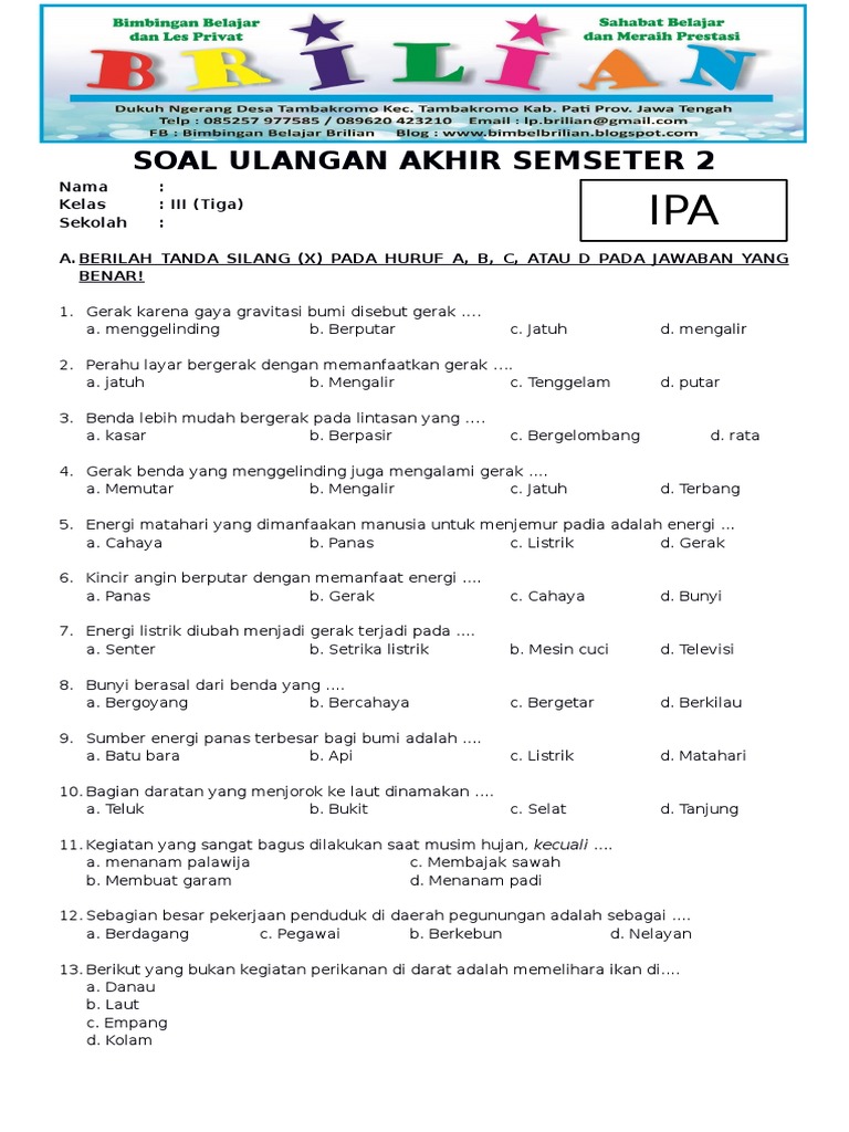7 Contoh Soal UAS 1 IPA Kelas 3 SD yang Wajib Dikuasai Sebelum Terlambat