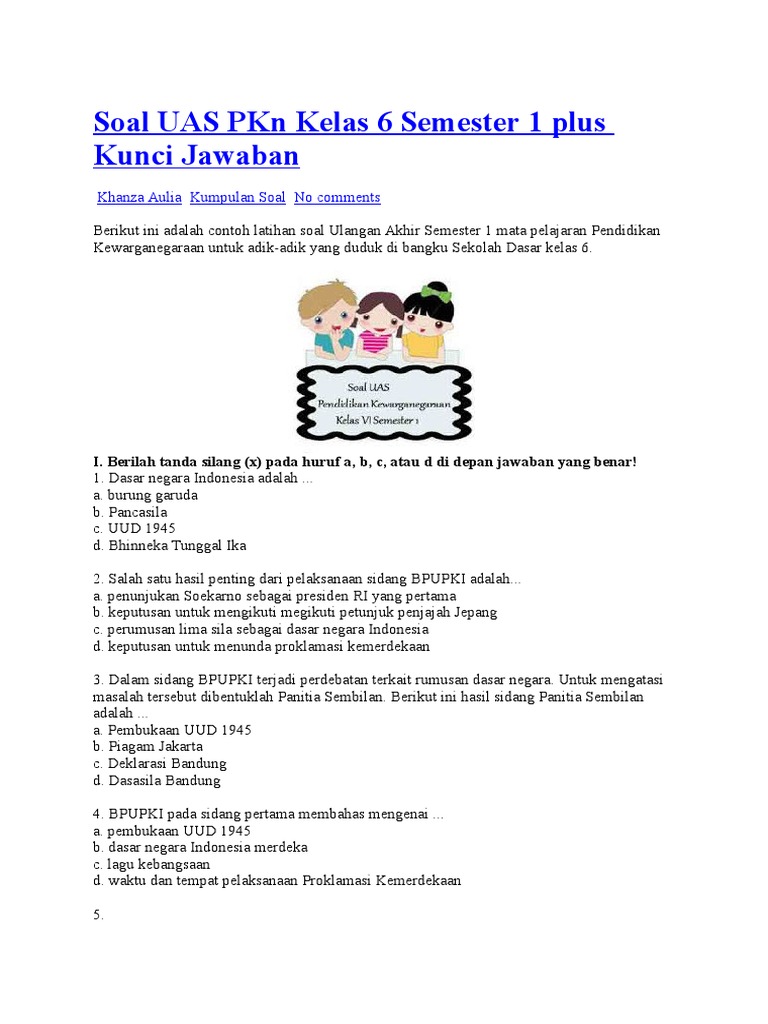 Soal UAS PKN Kelas 6 Semester 1 Plus Kunci Jawaban PDF Politik Soal UAS PKN Kelas 6 Semester 1 Plus Kunci Jawaban PDF Politik