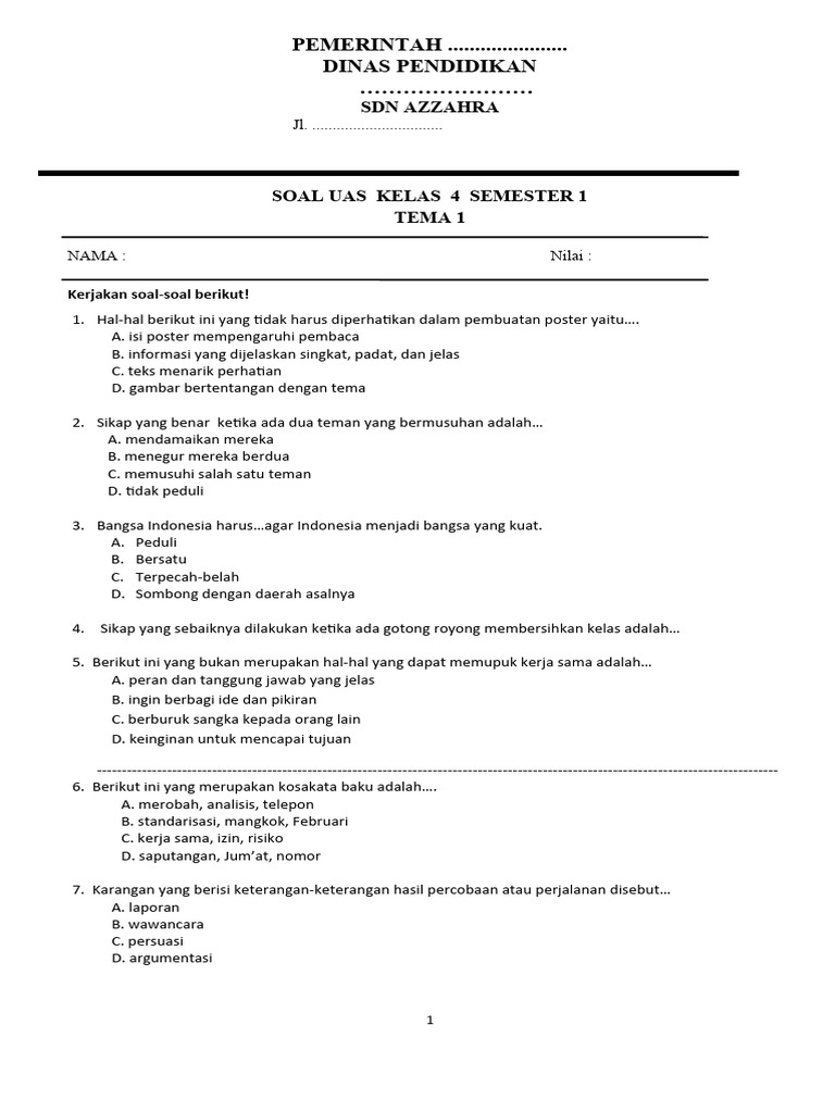 Soal UAS Kelas 4 Tema 1 Semester 1 PDF Soal UAS Kelas 4 Tema 1 Semester 1 PDF