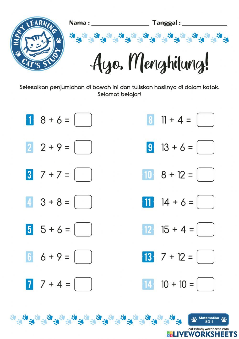 Penjumlahan 1-20 worksheet Terapi Matematik Okul öncesi çalışma