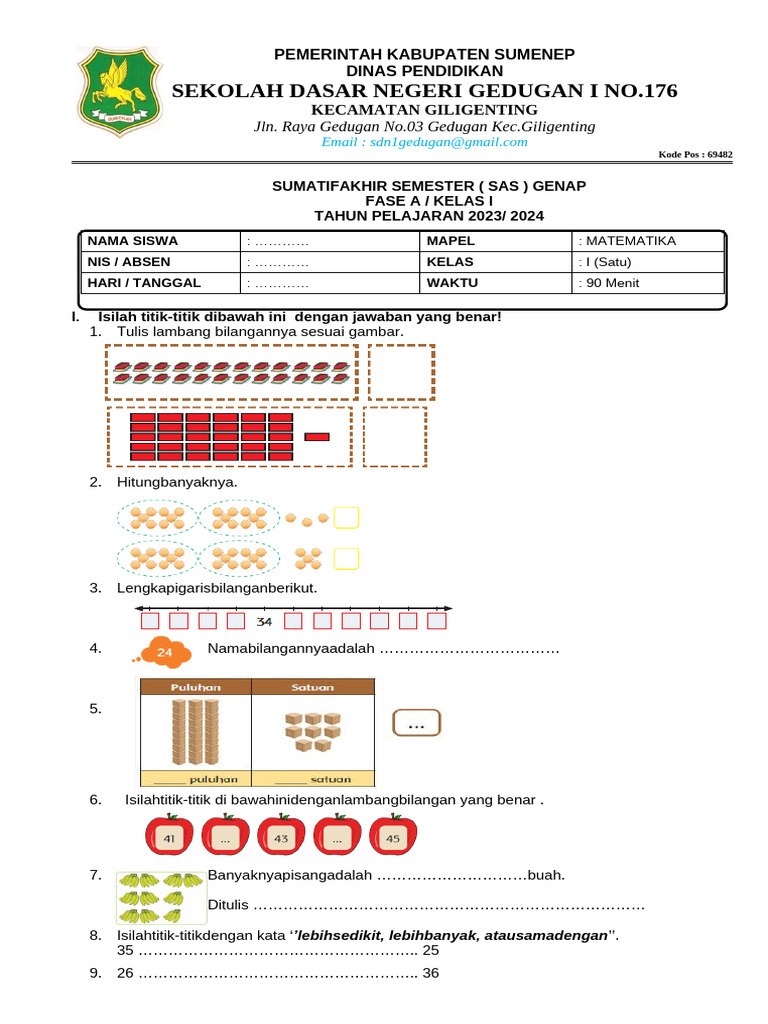 Soal dan Kunci Jawaban Matematika Kelas I PDF