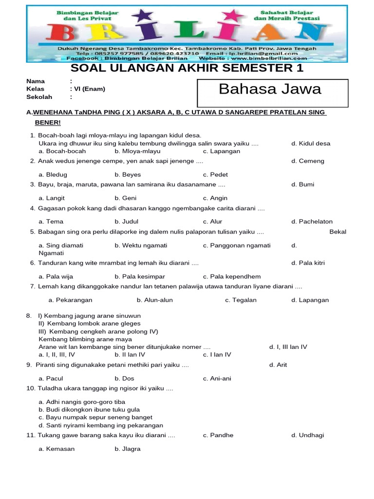 Terbukti! 7 Contoh Soal UAS 1 Bahasa Jawa Kelas 6 yang Wajib Dikuasai Sebelum Ujian