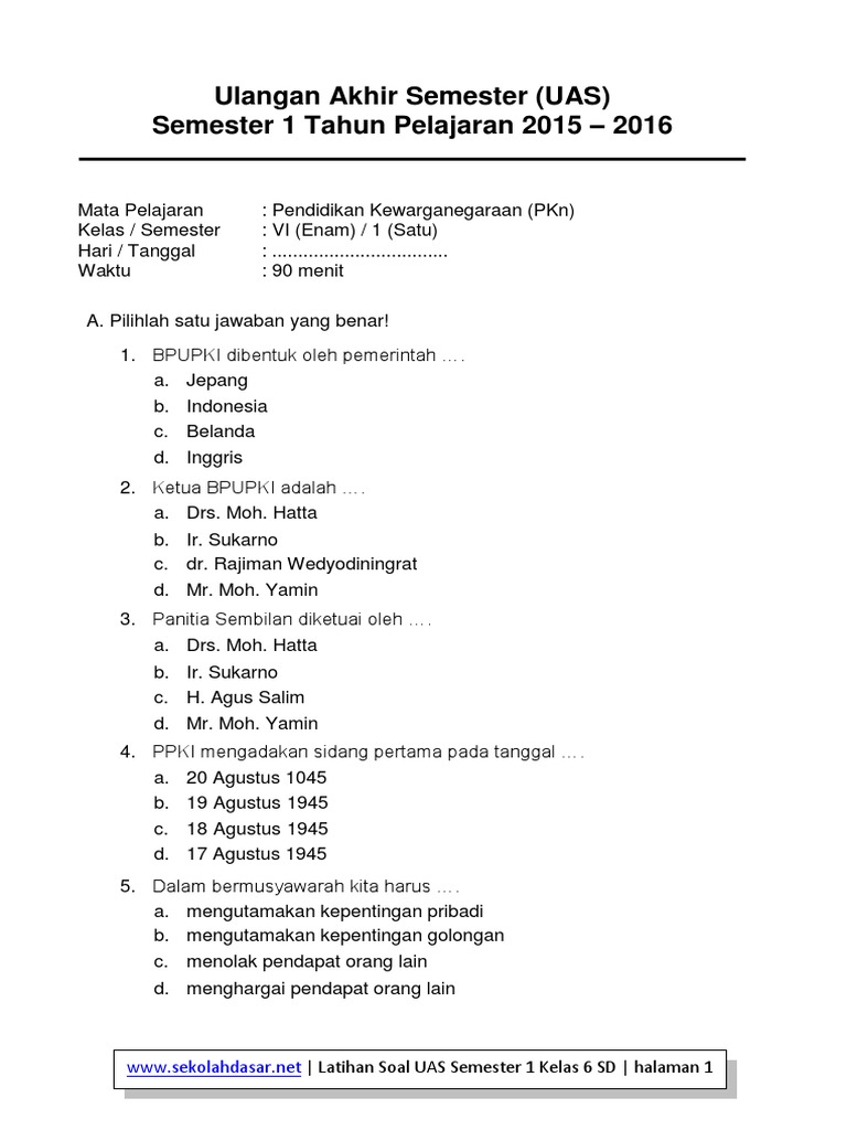 Wajib Tahu! Latihan Soal UAS Semester 1 Kelas 6 Ini Rahasia Nilai Sempurna
